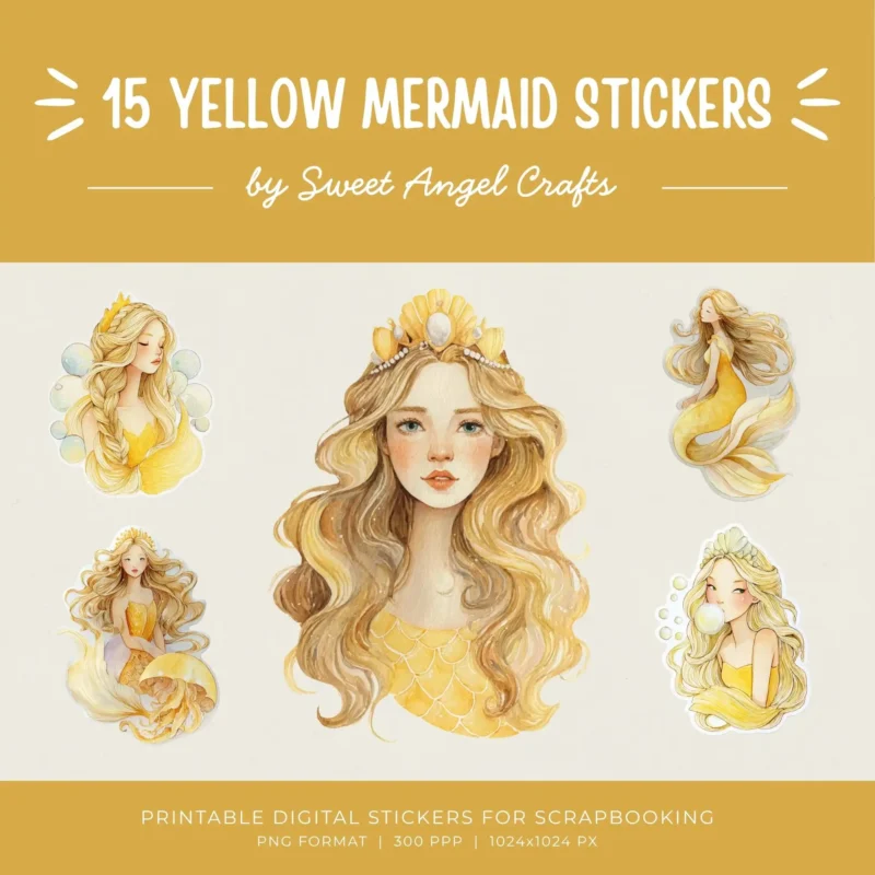 15 YELLOW MERMAID STICKERS