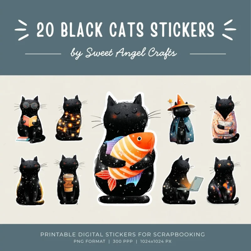 20 Black Cat Stickers Pack